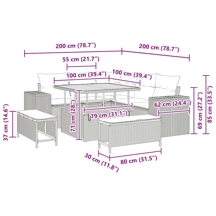 Tuin Sofa Set met kussen 8 pcs Zwart poly rattan