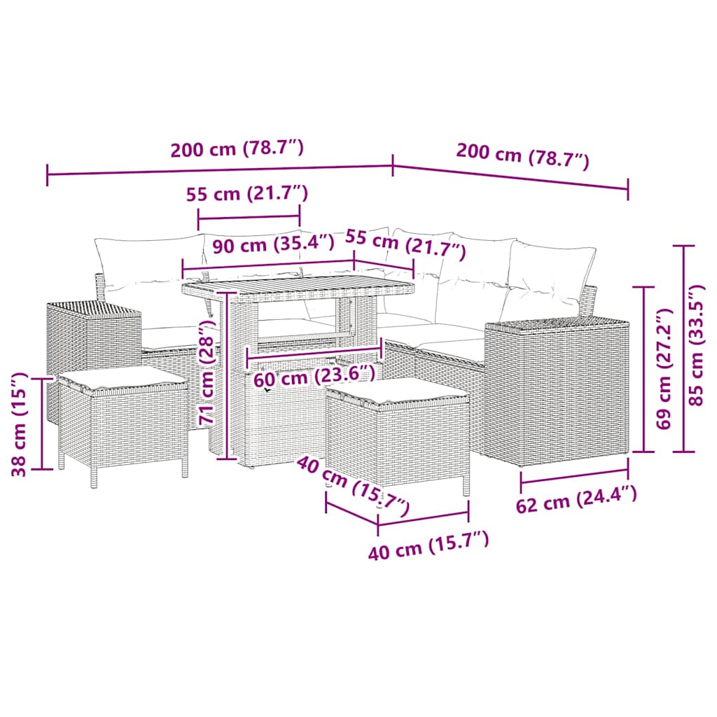 Tuin Sofa Set met kussen 8 pcs Zwart poly rattan