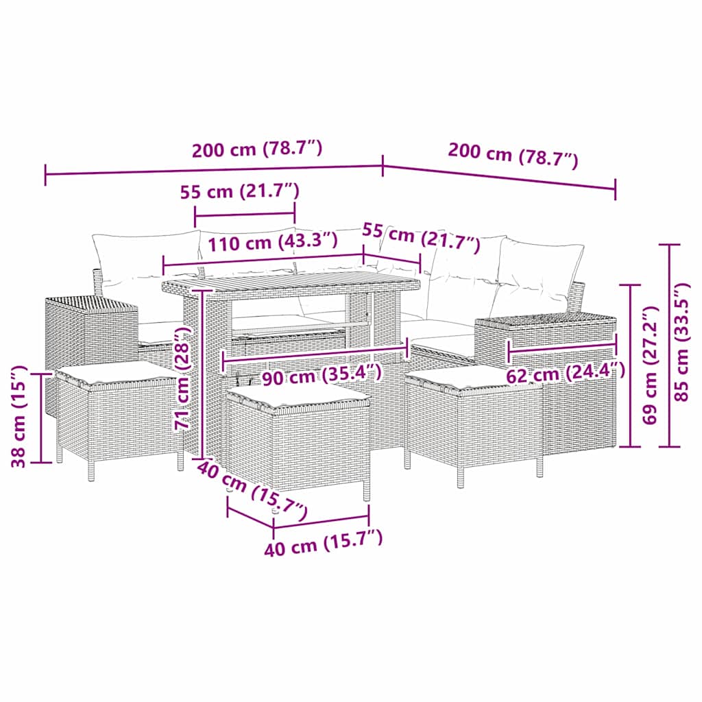Tuin Sofa Set met kussen 9 pcs Zwart poly rattan
