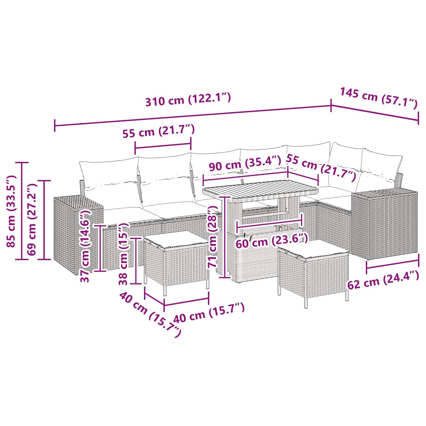 Tuin Sofa Set met kussen 9 pcs Zwart poly rattan