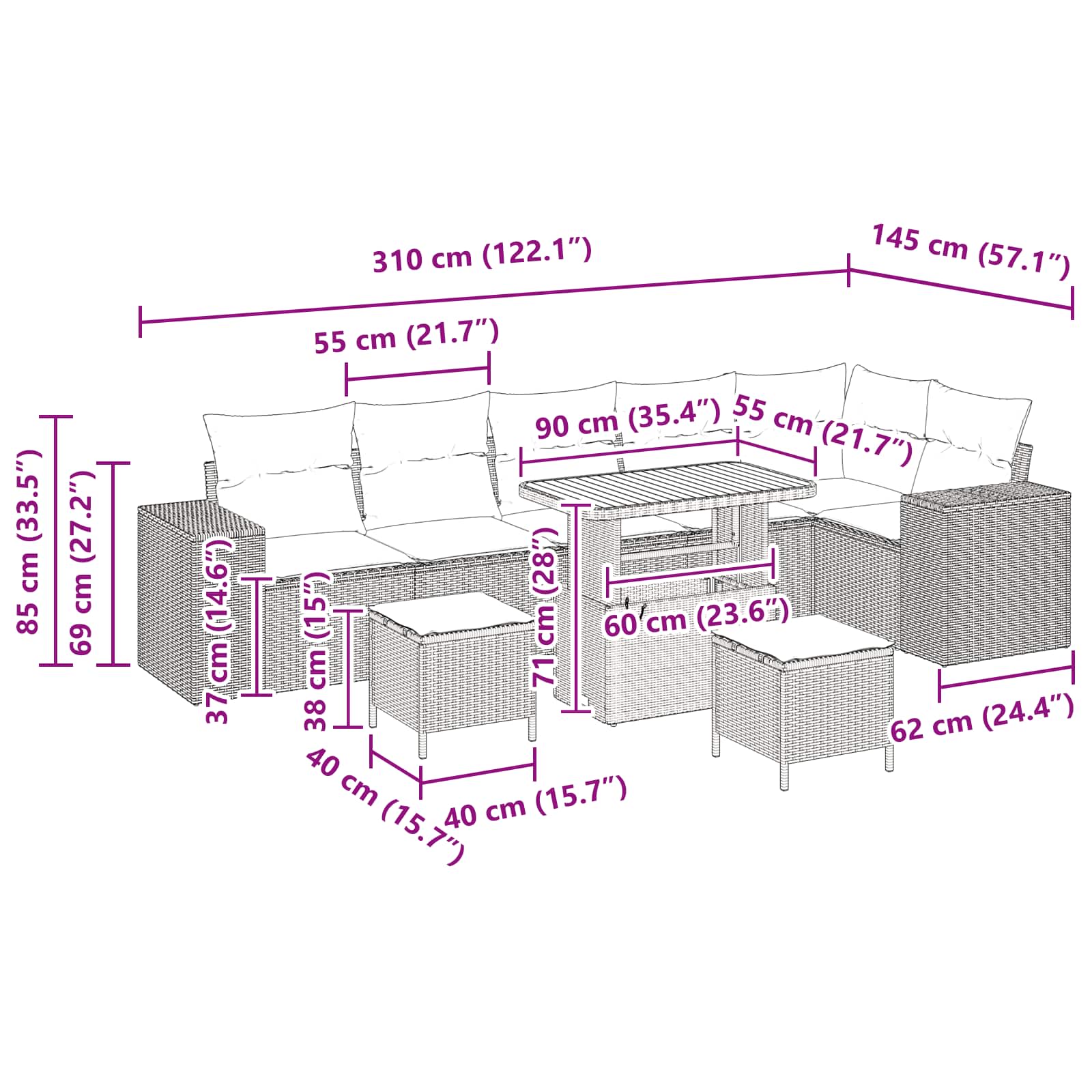 Tuin Sofa Set met kussen 9 pcs Zwart poly rattan