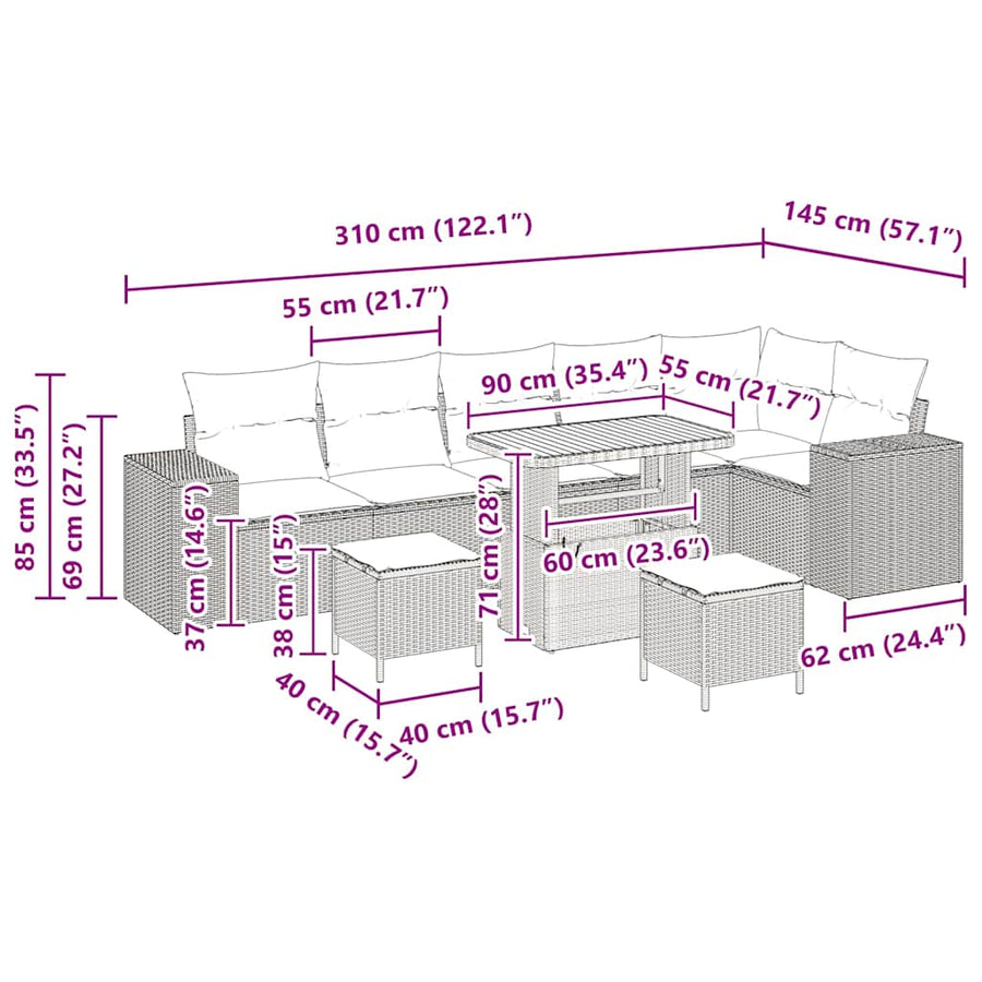 Tuin Sofa Set met kussen 9 pcs Zwart poly rattan