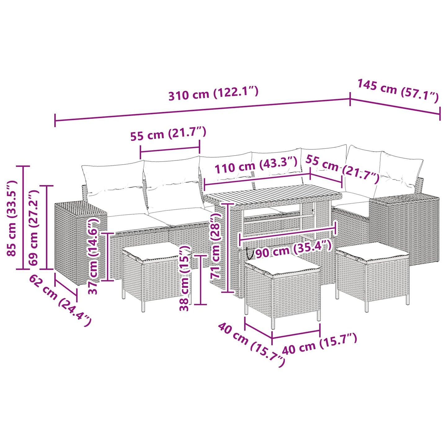 Tuin Sofa Set met kussen 10 pcs Zwart poly rattan
