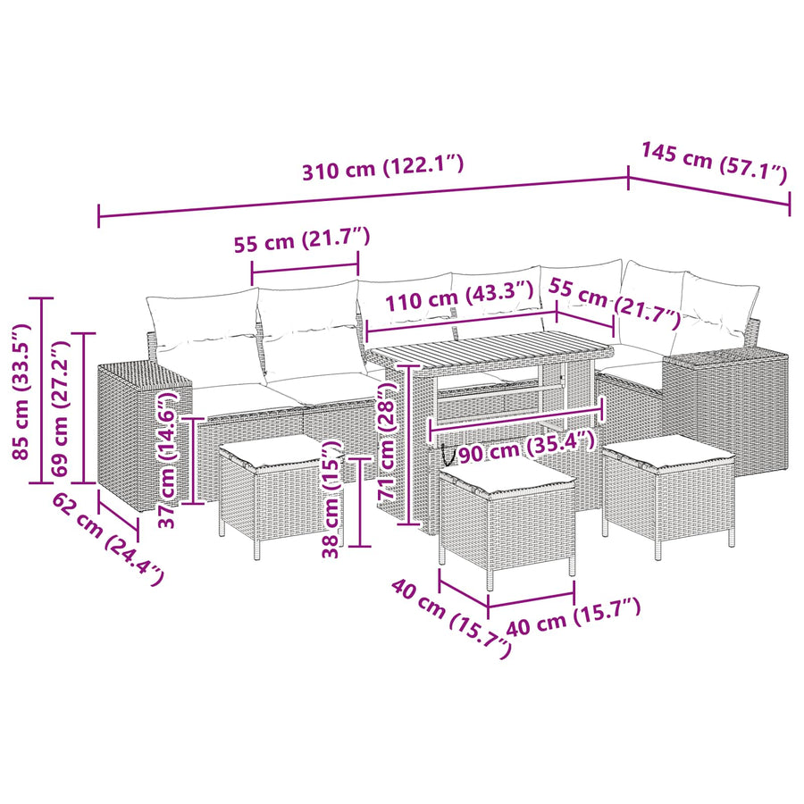 Tuin Sofa Set met kussen 10 pcs Zwart poly rattan