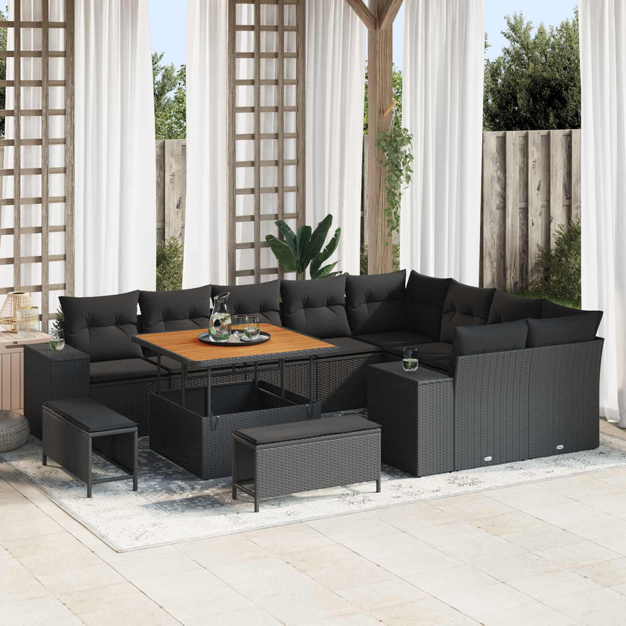 Tuin Sofa Set met kussen 12 pcs Zwart poly rattan