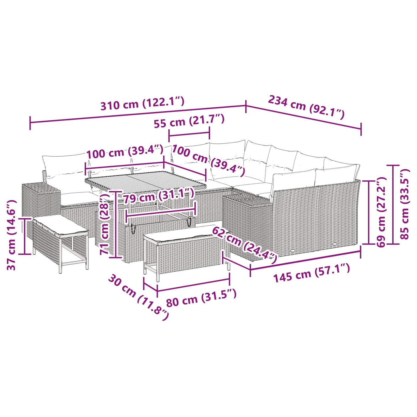 Tuin Sofa Set met kussen 12 pcs Zwart poly rattan