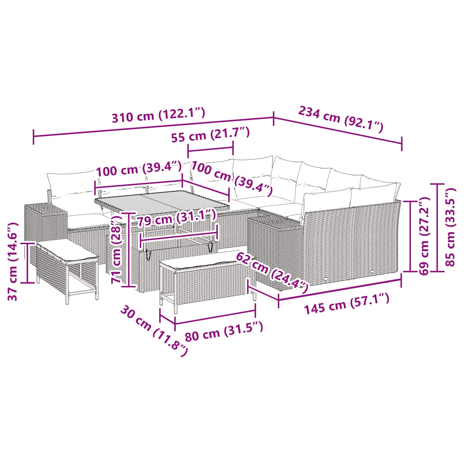 Tuin Sofa Set met kussen 12 pcs Zwart poly rattan