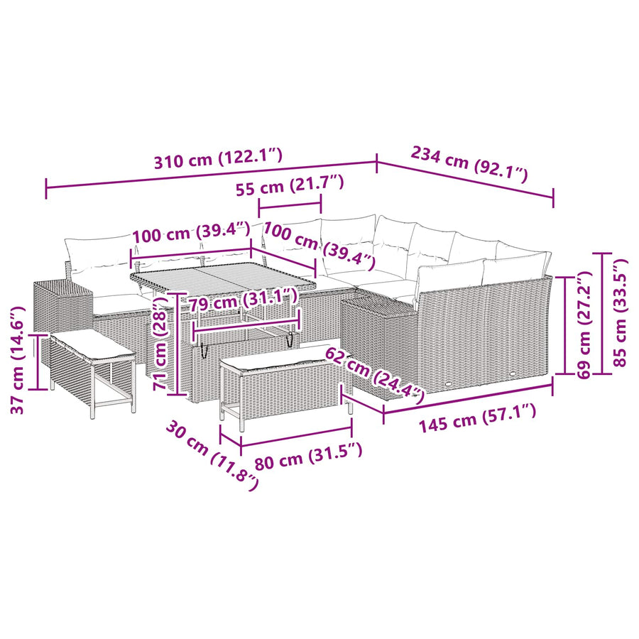 Tuin Sofa Set met kussen 12 pcs Zwart poly rattan