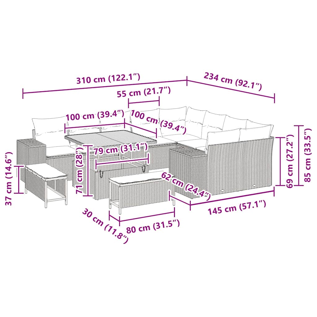 Tuin Sofa Set met kussen 12 pcs Zwart poly rattan