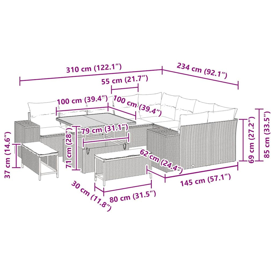 Tuin Sofa Set met kussen 12 pcs Grijs poly rattan