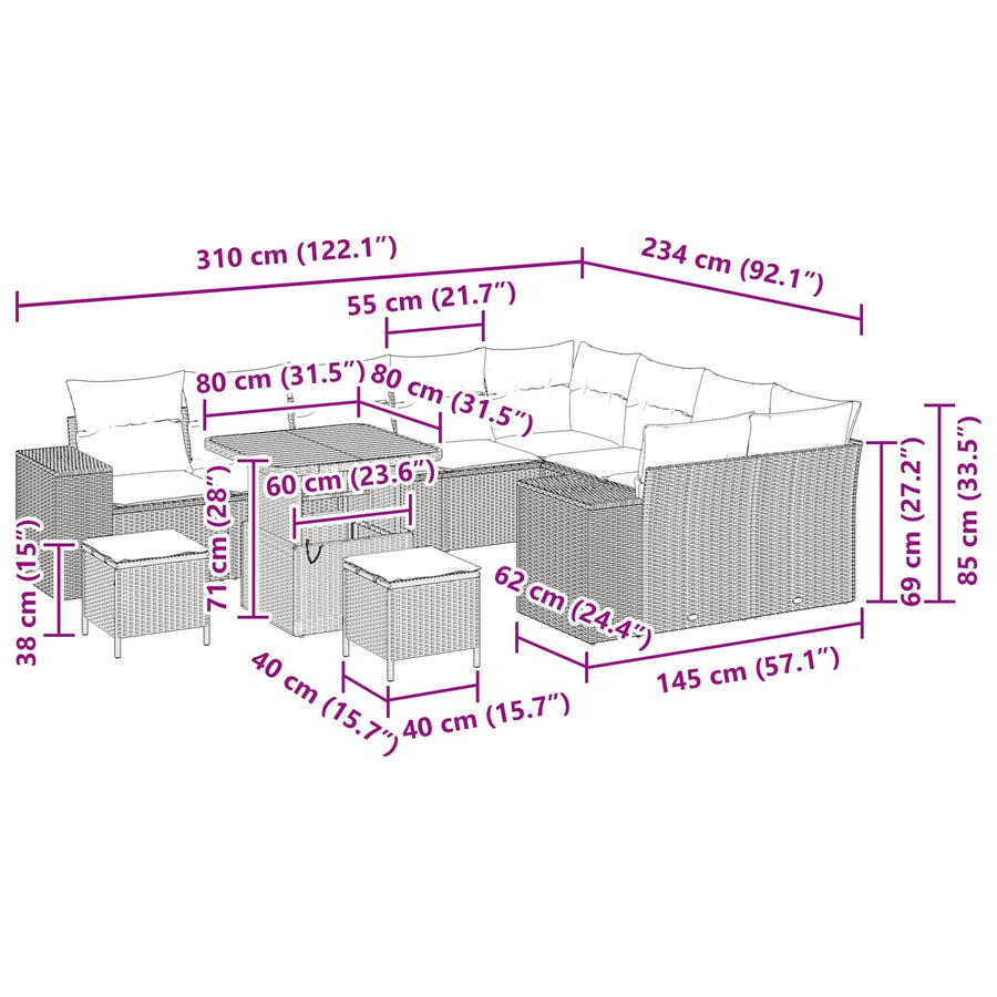 Tuin Sofa Set met kussen 12 pcs Zwart poly rattan