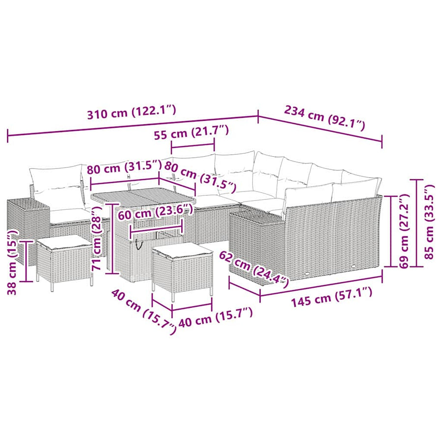 Tuin Sofa Set met kussen 12 pcs Zwart poly rattan