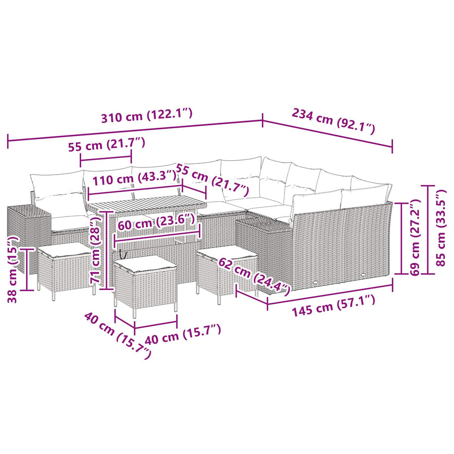 Tuin Sofa Set met kussen 13 pcs Zwart poly rattan