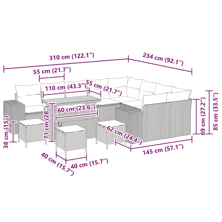 Tuin Sofa Set met kussen 13 pcs Zwart poly rattan