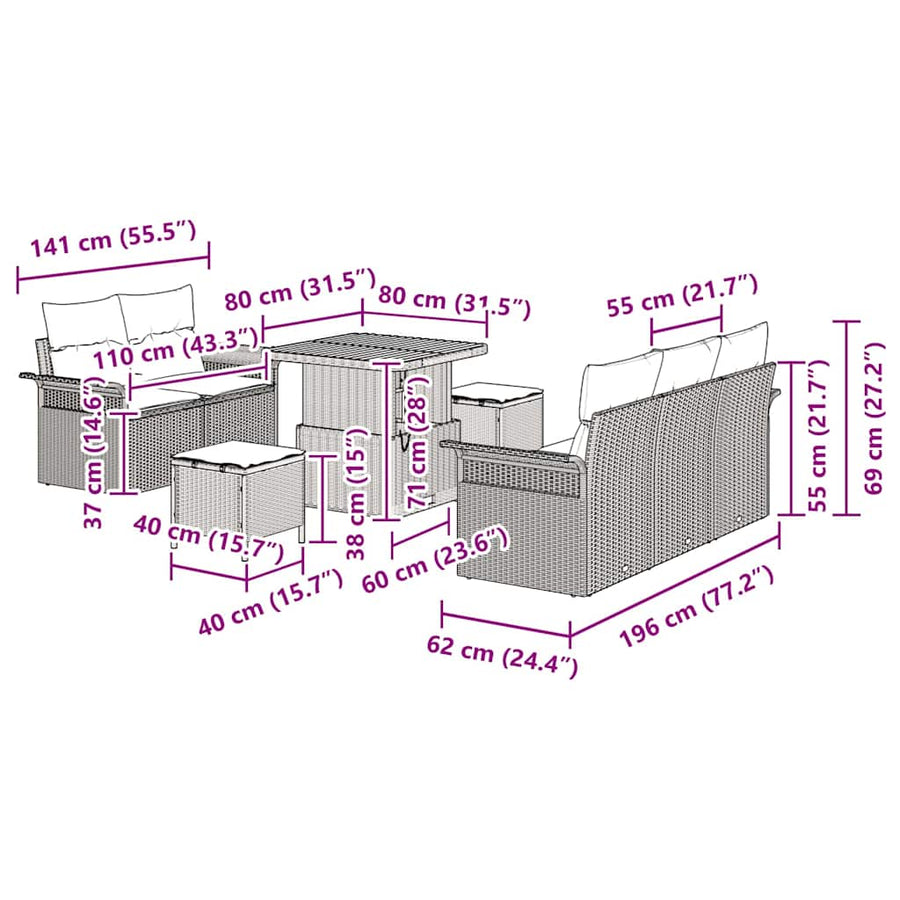 Tuinbankenset met kussen 8 pcs Zwart poly rattan