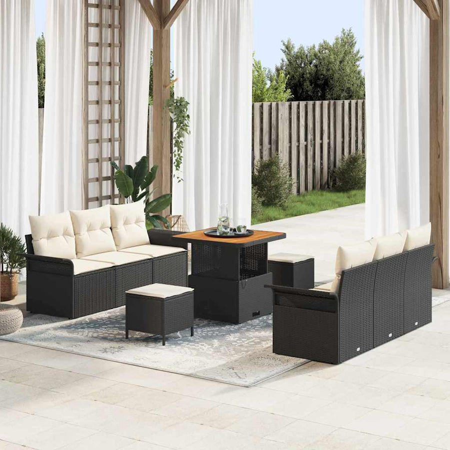 Tuinbankenset met kussen 9 pcs Zwart poly rattan