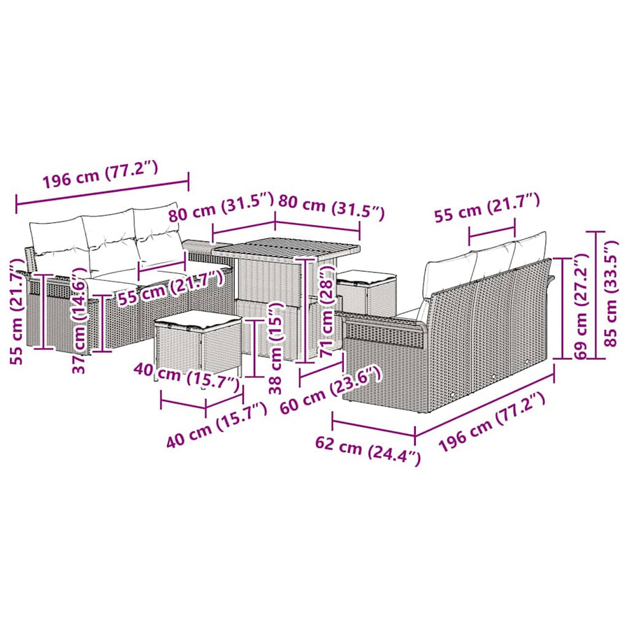 Tuinbankenset met kussen 9 pcs Zwart poly rattan