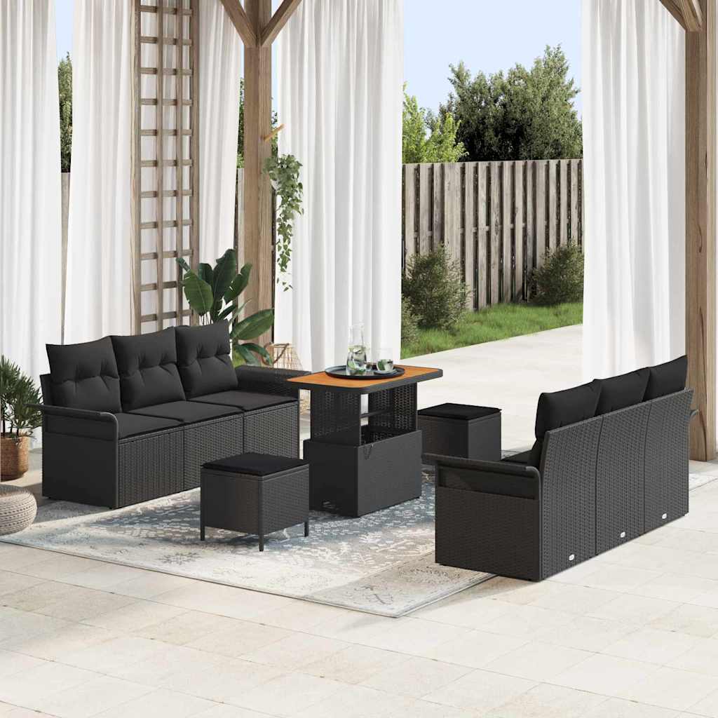 Tuinbankenset met kussen 9 pcs Zwart poly rattan