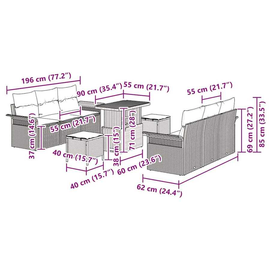 Tuinbankenset met kussen 9 pcs Zwart poly rattan