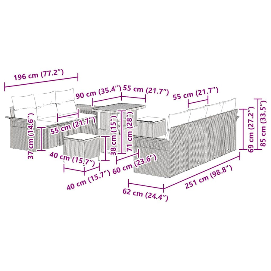 Tuinbankenset met kussen 10 pcs Beige poly rattan
