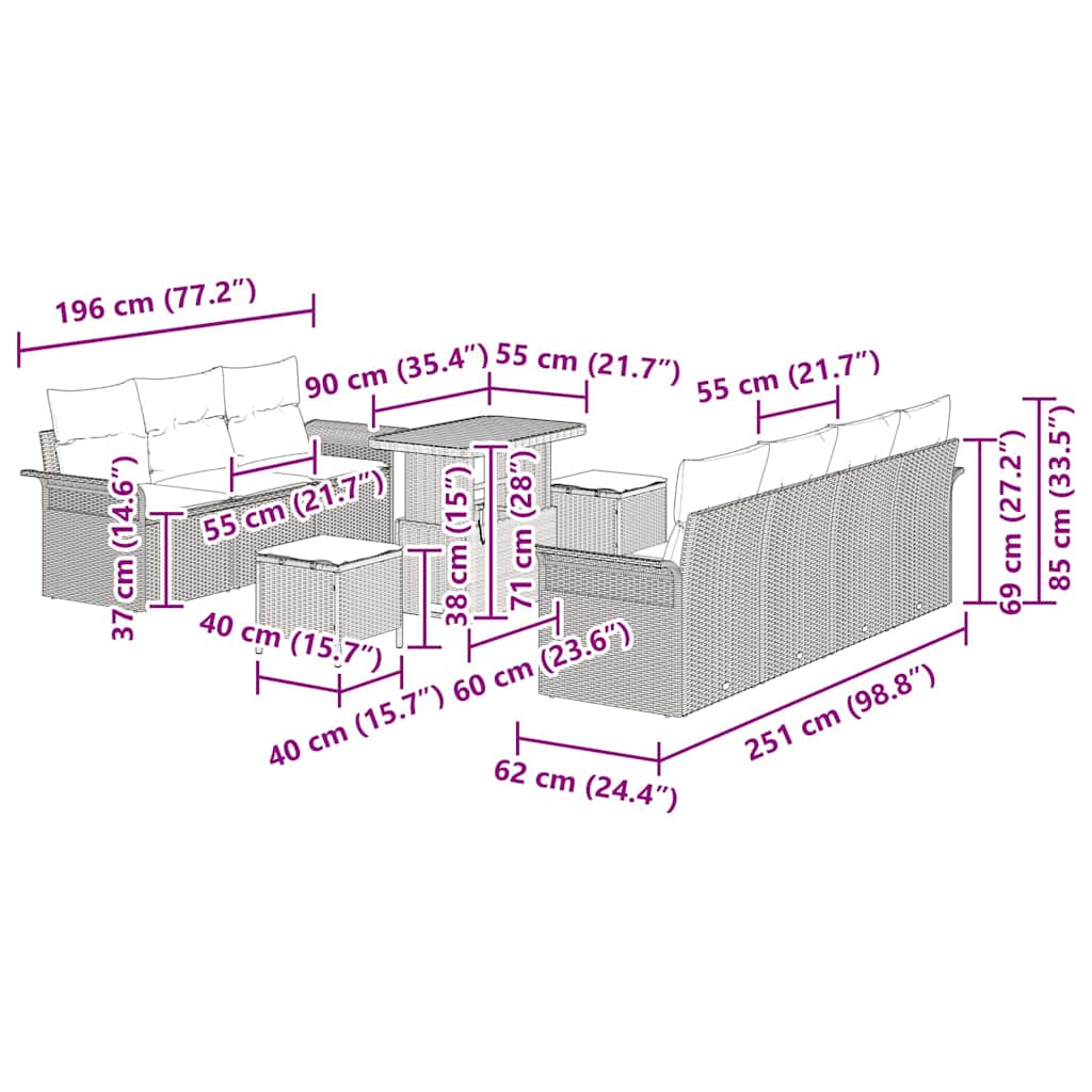 Tuinbankenset met kussen 10 pcs Grijs poly rattan