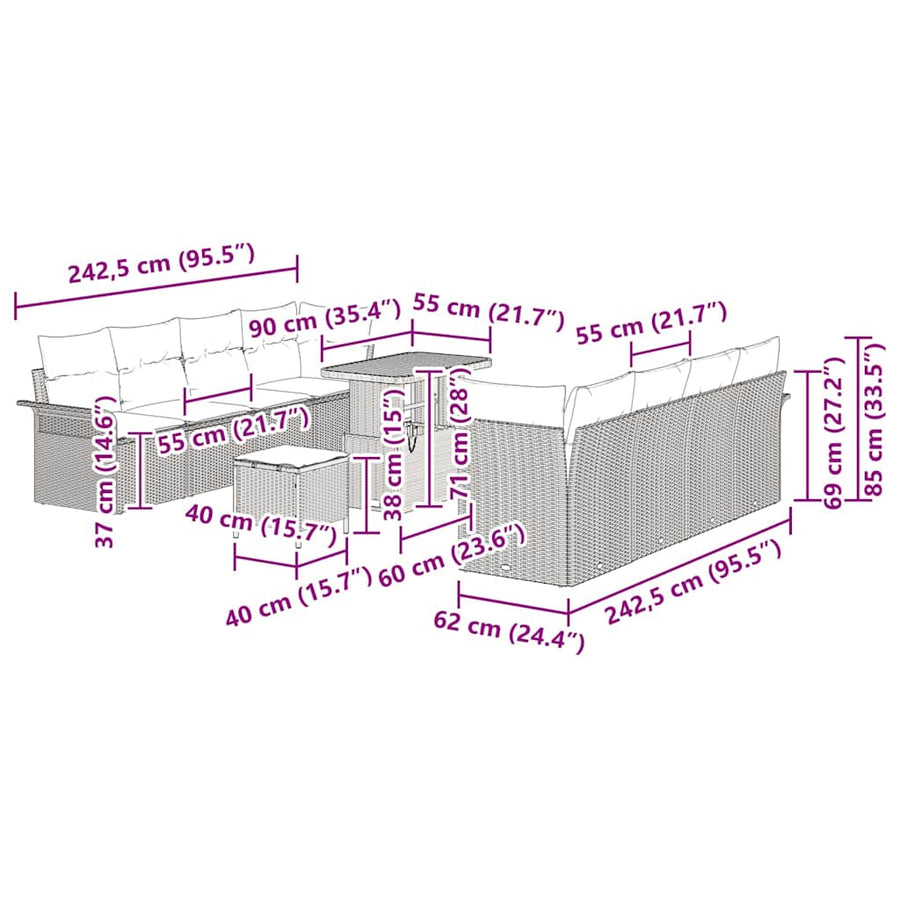 Tuinbankenset met kussen 11 pcs Zwart poly rattan