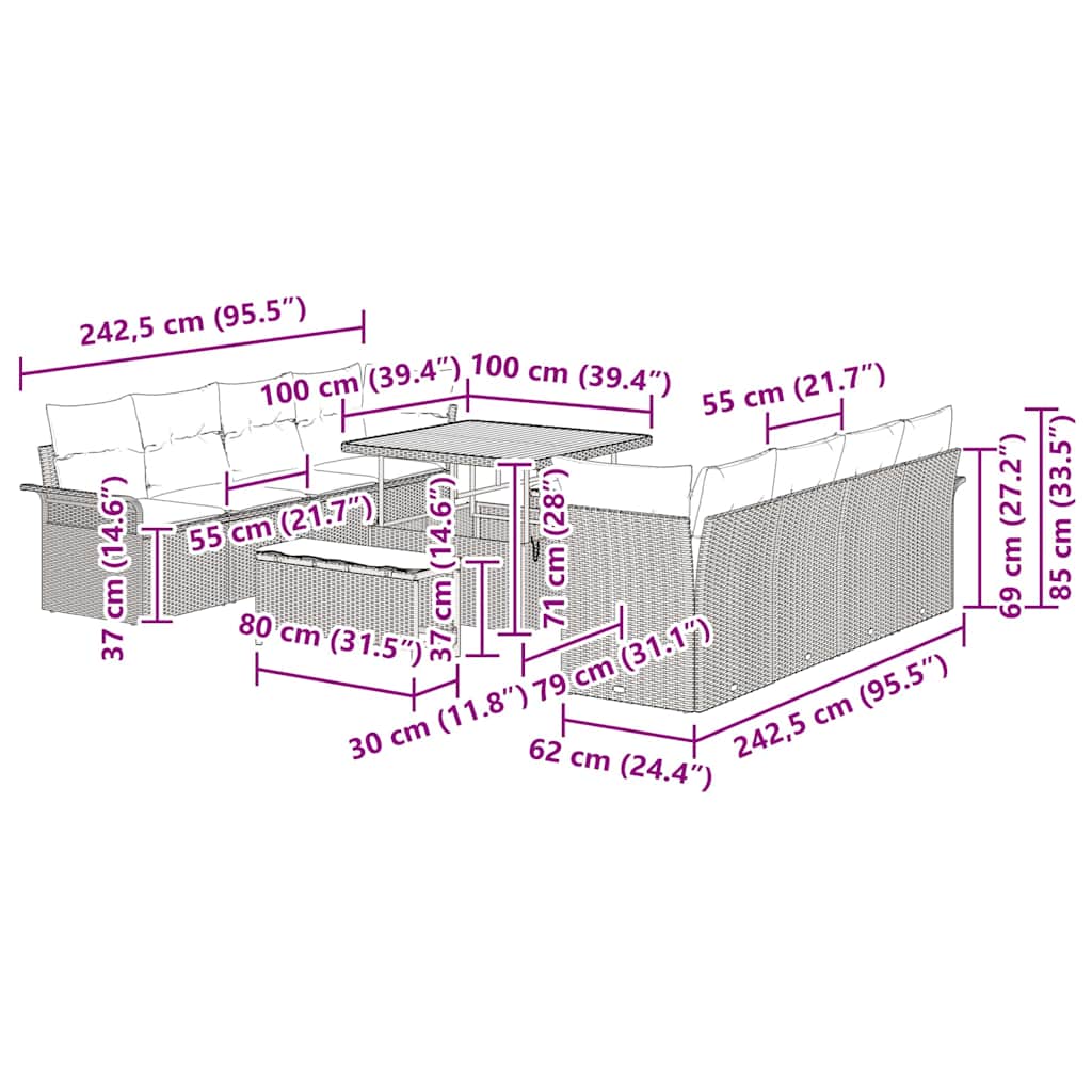 Tuinbankenset met kussen 11 pcs Zwart poly rattan