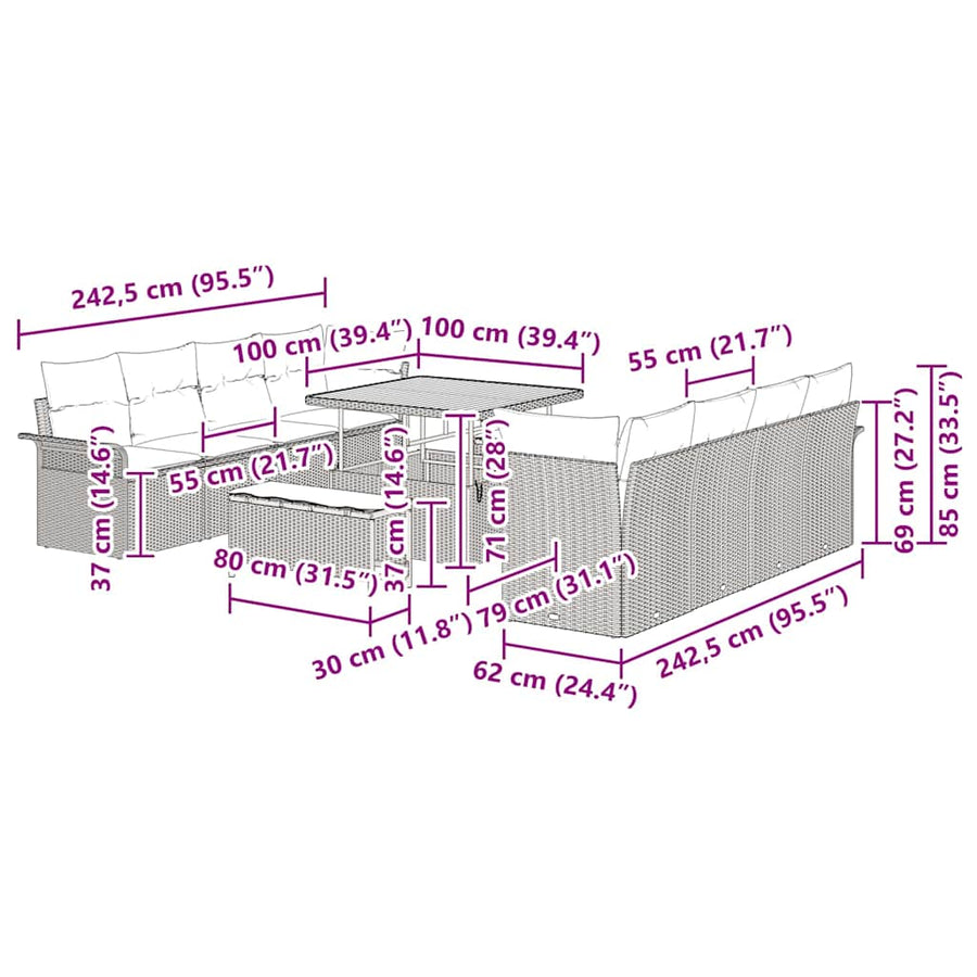 Tuinbankenset met kussen 11 pcs Zwart poly rattan