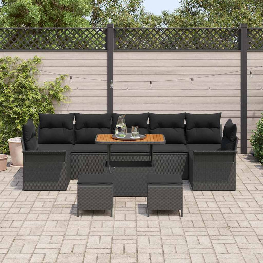 Tuinbankenset met kussen 10 pcs Zwart poly rattan