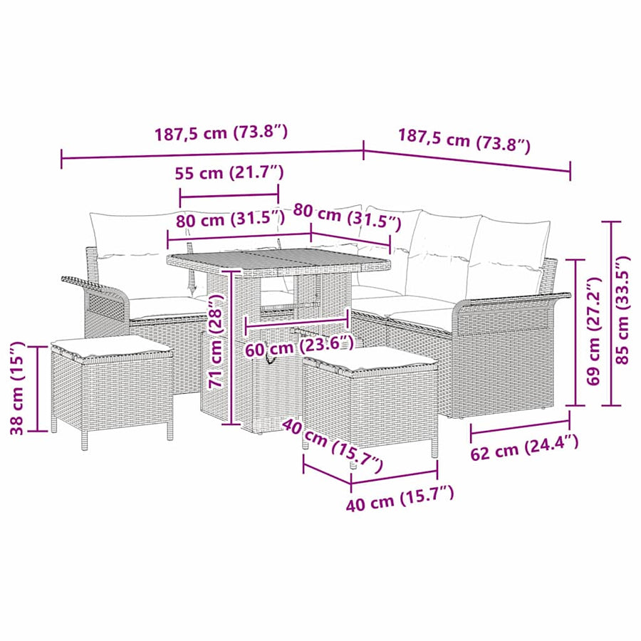 Tuinbankenset met kussen 8 pcs Zwart poly rattan