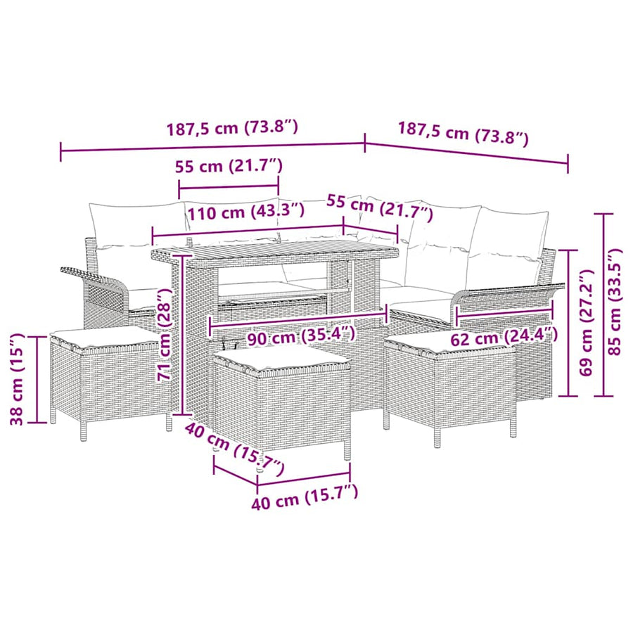 Tuinbankenset met kussen 9 pcs Zwart poly rattan
