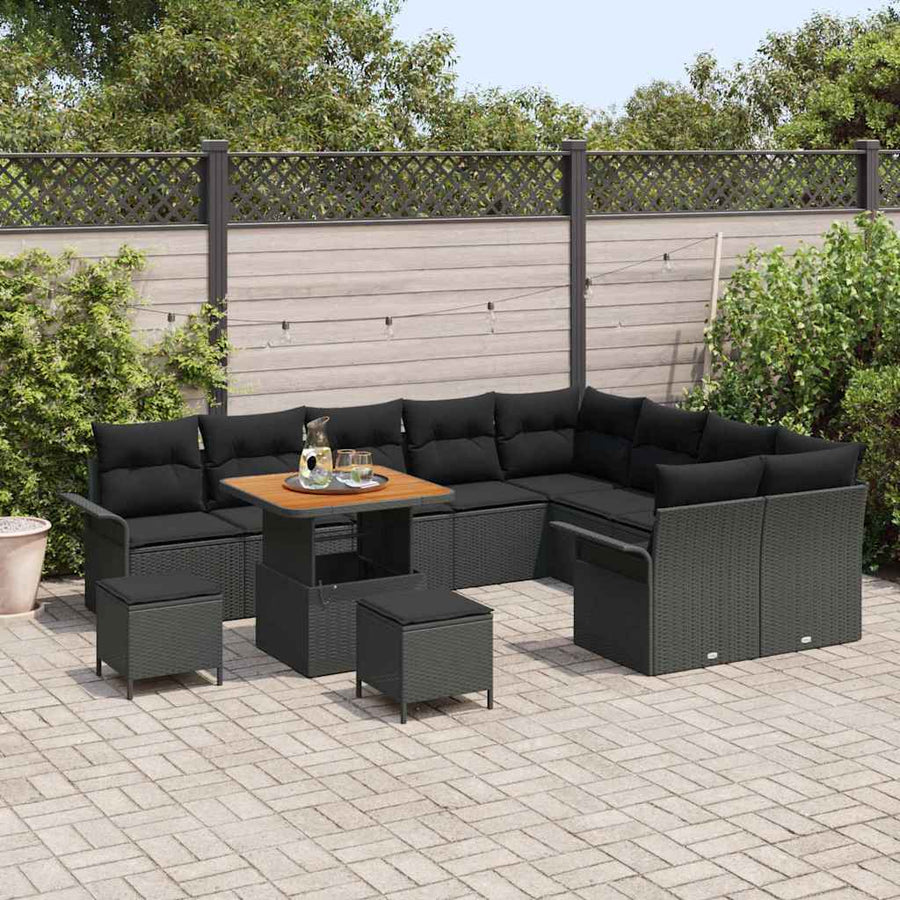 Tuinbankenset met kussen 12 pcs Zwart poly rattan