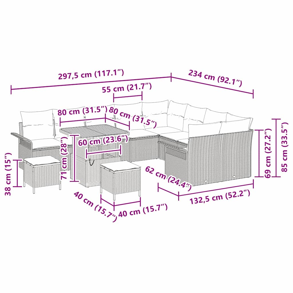 Tuinbankenset met kussen 12 pcs Zwart poly rattan