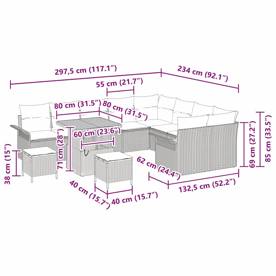 Tuinbankenset met kussen 12 pcs Grijs poly rattan