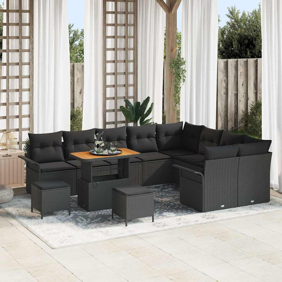 Tuinbankenset met kussen 12 pcs Zwart poly rattan