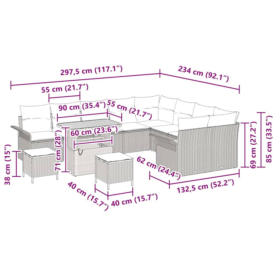Tuinbankenset met kussen 12 pcs Zwart poly rattan