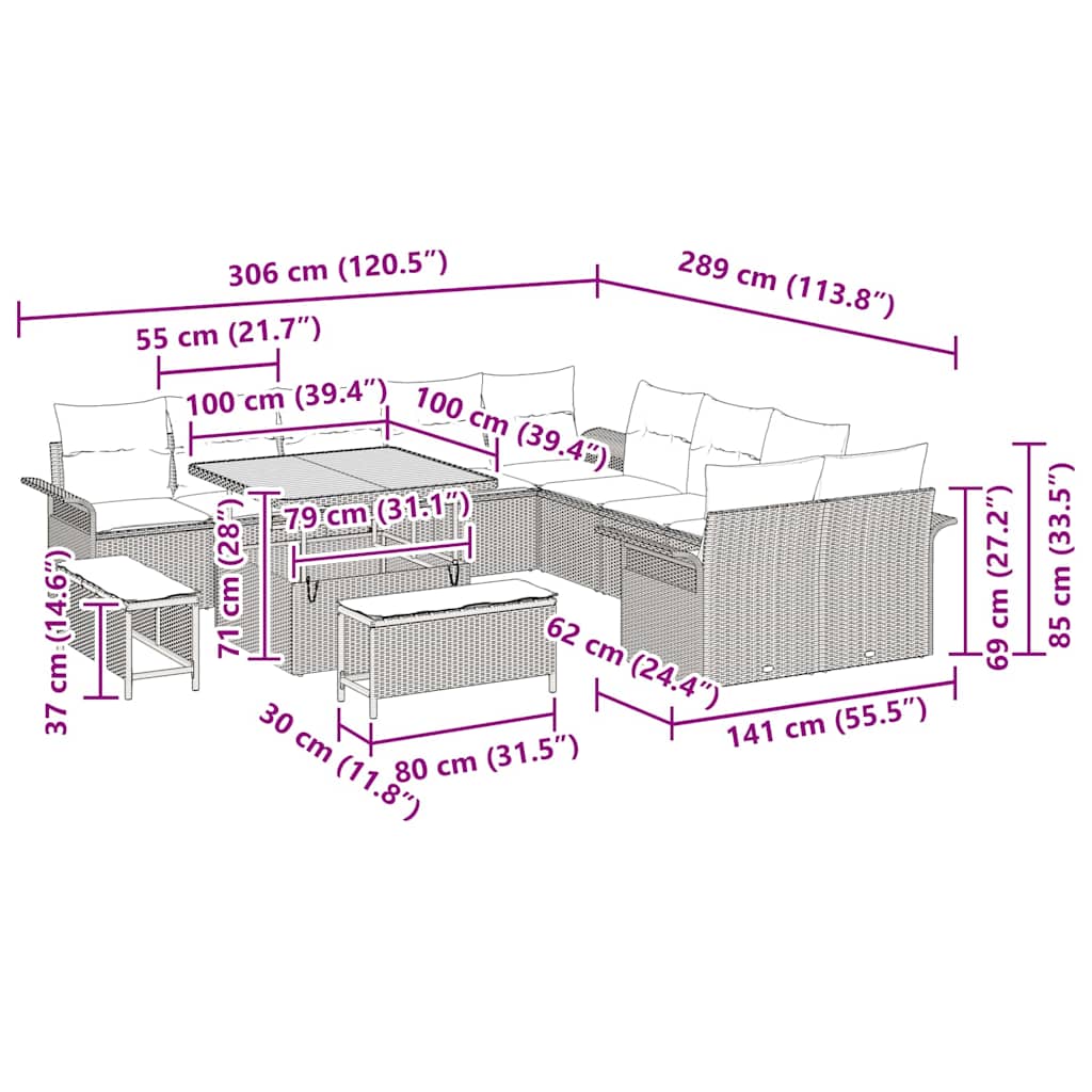 Tuinbankenset met kussen 13 pcs Zwart poly rattan