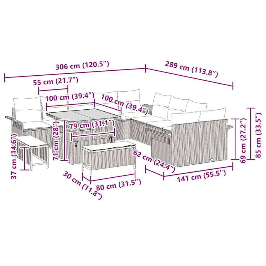 Tuinbankenset met kussen 13 pcs Zwart poly rattan