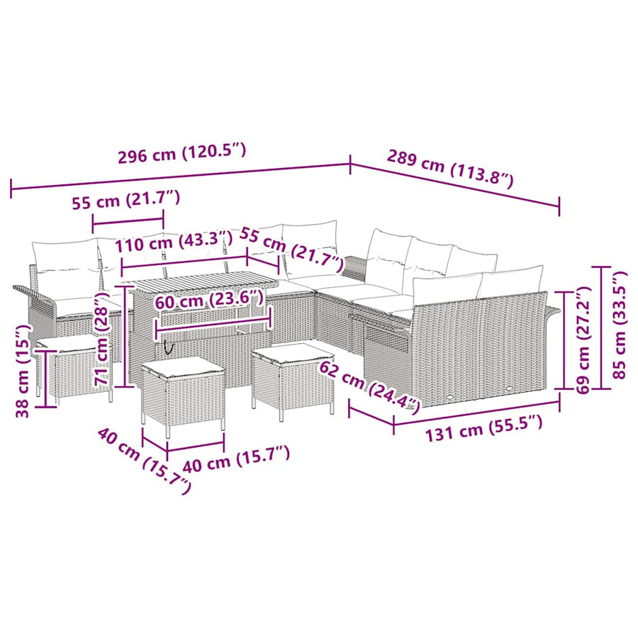 Tuinbankenset met kussen 14 pcs Beige poly rattan