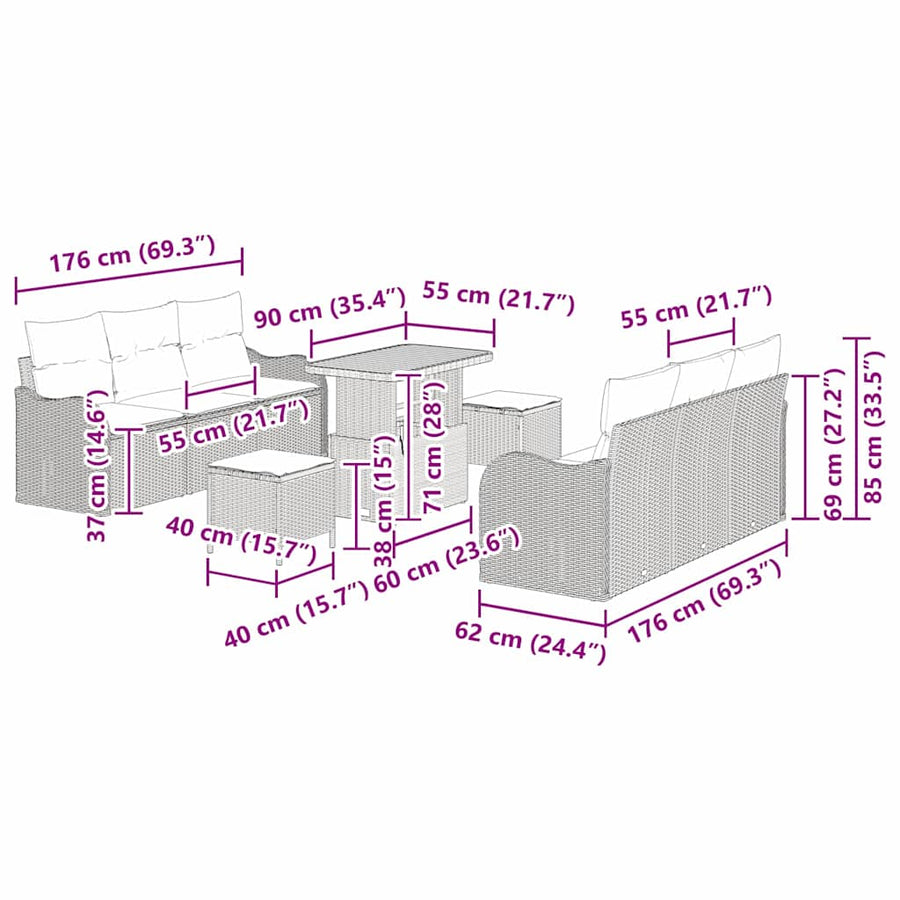 Tuinbankenset met kussen 9 pcs Zwart poly rattan