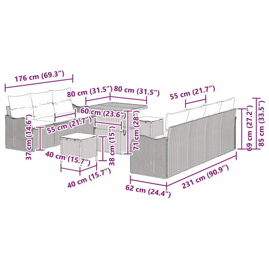Tuinbankenset met kussen 10 pcs Zwart poly rattan