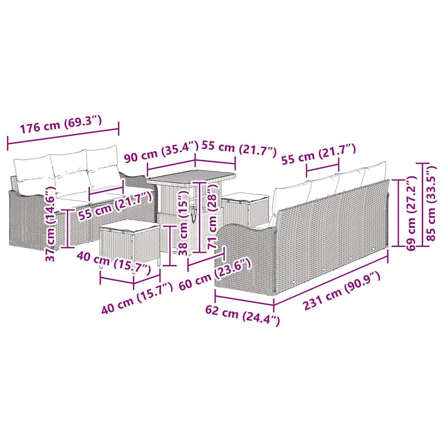 Tuinbankenset met kussen 10 pcs Zwart poly rattan