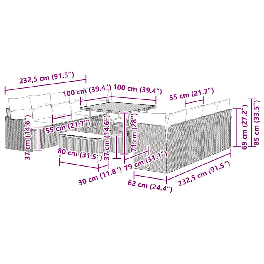 Tuinbankenset met kussen 11 pcs Beige poly rattan