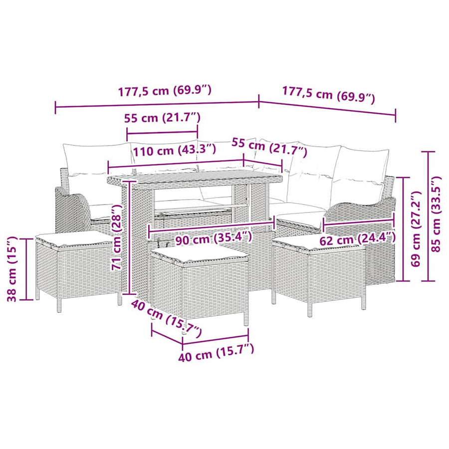 Tuinbankenset met kussen 9 pcs Zwart poly rattan