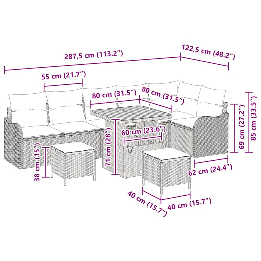 Tuinbankenset met kussen 9 pcs Grijs poly rattan
