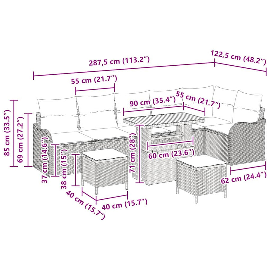 Tuinbankenset met kussen 9 pcs Beige poly rattan