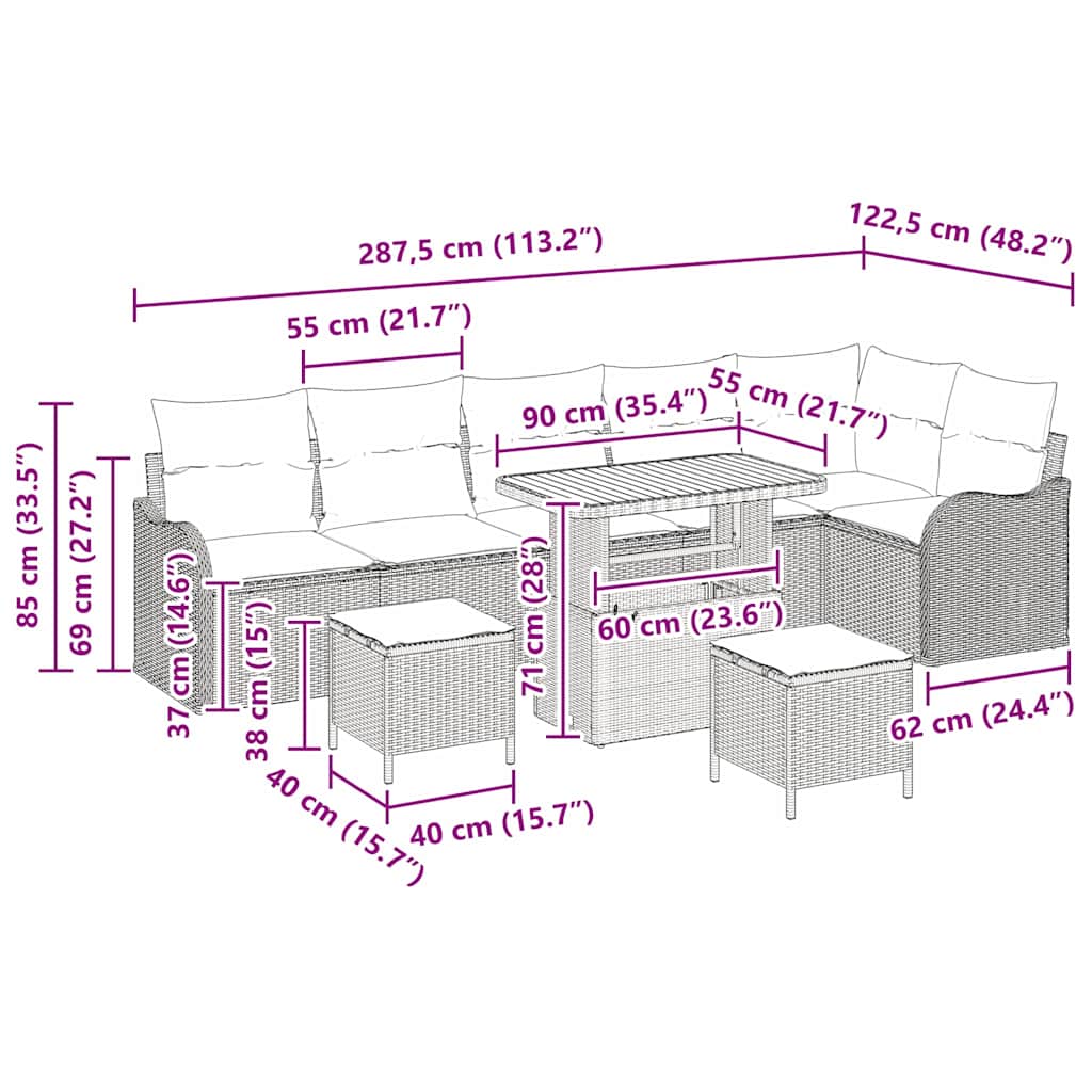 Tuinbankenset met kussen 9 pcs Grijs poly rattan