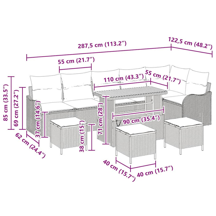 Tuinbankenset met kussen 10 pcs Zwart poly rattan