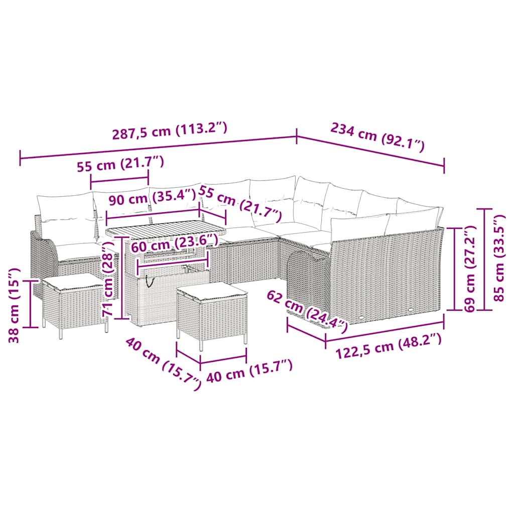 Tuinbankenset 12 st Grijs poly rattan