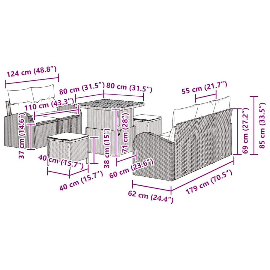 Tuinbankenset met kussen 8 pcs Zwart poly rattan